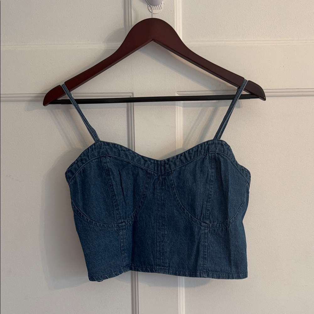 Classic Denim Blue Crop Top with Smocked Back and Adjustable Straps